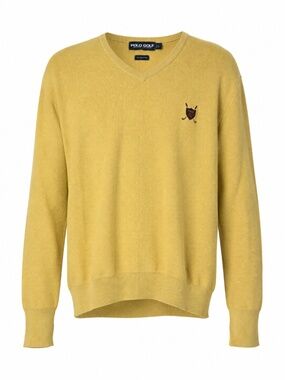 Vintage Polo Golf Ralph Lauren Crest V Neck Sweater Yellow Cotton Large